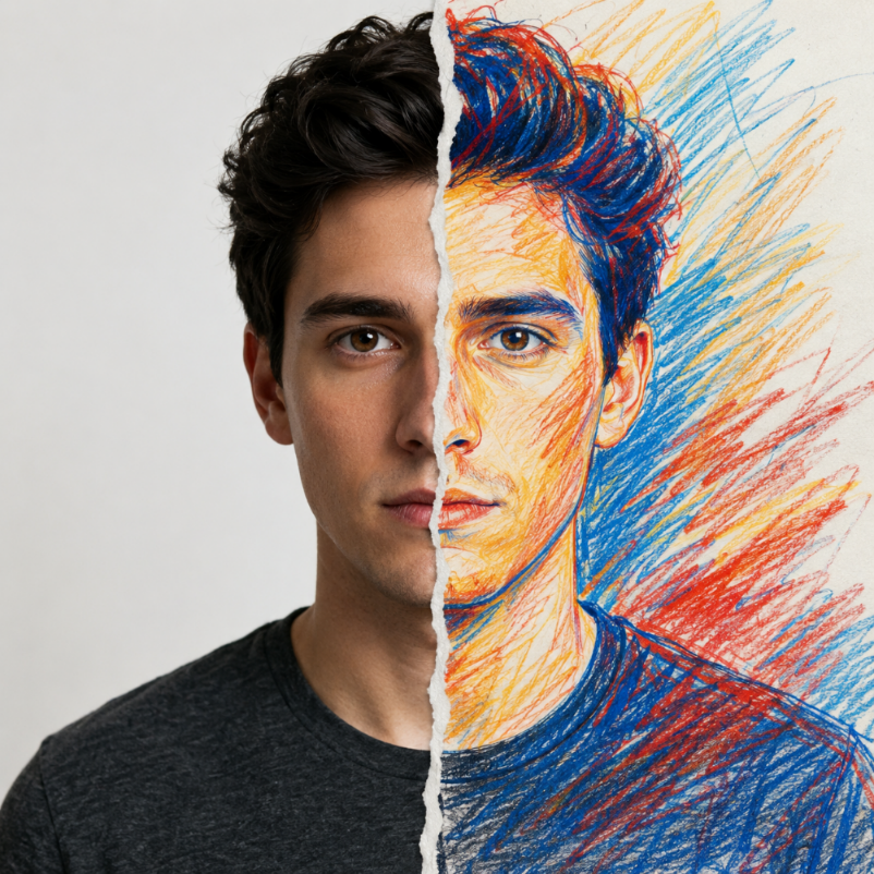 Split Portrait: Realistic + Illustration Fusion